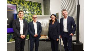 To commemorate the 40th anniversary of Arburg France, Managing Partner Juliane Hehl (2nd from right), Tobias Baur (right), Managing Director Sales and After Sales, and Steffen Eppler, Vice President Sales Europe, presented the anniversary sculpture to Pascal Laborde, Managing Director of Arburg SAS. (Source: Arburg)
