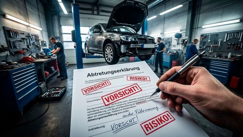 Vorsicht bei der Unterschrift: Abtretungserklärungen können für Werkstätten zur kostspieligen Falle werden.(Bild:  Gemini / Gemini 3 Pro / KI-generiert)