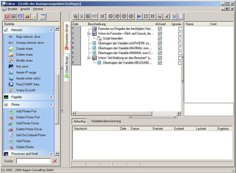 Der Skript-Editor übernimmt das Erzeugen und Editieren der Client Commands. Hier wurde gerade ein Skript zum Festlegen der Größe der Auslagerungsdatei geöffnet (Archiv: Vogel Business Media)