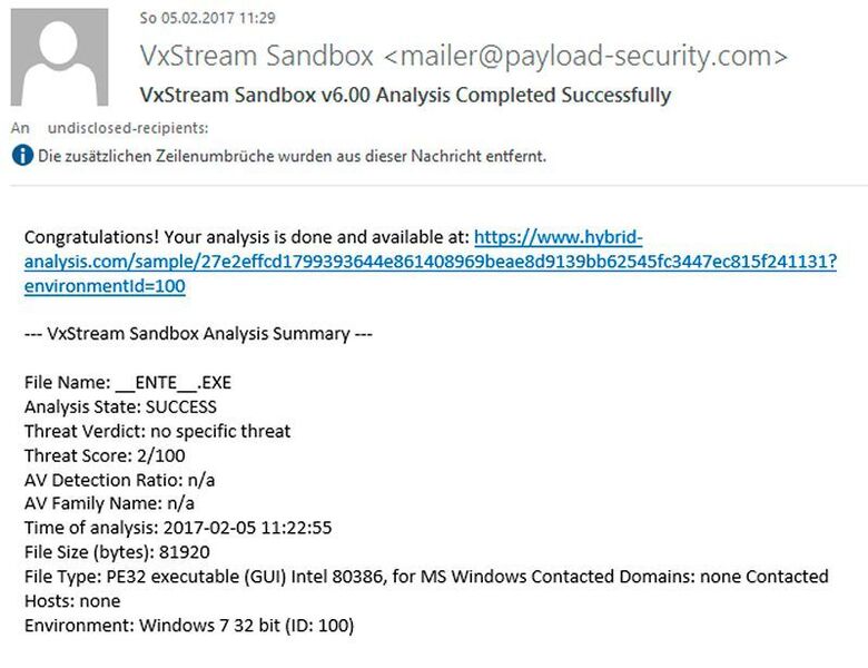 Payload-Security: Auszug aus dem Analyseergebnis welches per E-Mail zugeschickt wird. (Dombach)