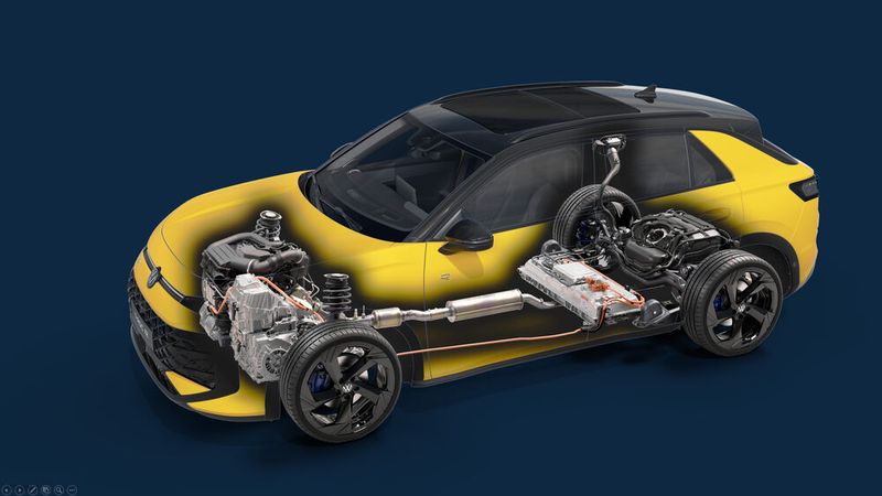 Der neue Vollhybridantrieb im VW T-Roc – die Nickel-Mangan-Kobalt-Batterie mit 1,6 kWh ist flüssigkeitsgekühlt und unter der hinteren Sitzbank angeordnet. (Bild:  Volkswagen)