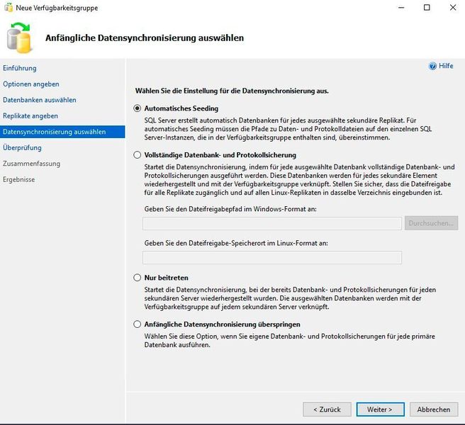 Konfigurieren der ersten Übertragung (Seeding) der Replikationsdaten. (Joos)
