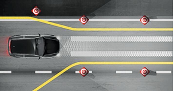 Bild 4: Ein verengter Fahrstreifen wird mithilfe von Pixelscheinwerfern auf die Fahrbahn projiziert. (Osram Opto Semiconductors)