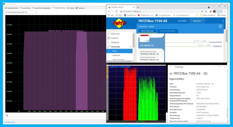 Abbildung 13: Messung bei 5 GHz: Rot = Simultaner Download von je 10 GigaByte vom Syno-NAS und vom Buffalo-NAS. Grün = Upload der beiden 10 GB Dateien auf die beiden NAS-Stationen: Die Balken sind viel schmäler als vorhin bei 2,4 GHz, weil die Dateien jetzt, bei 5 GHz, viel schneller übertragen werden. Linke Bildhälfte: Lila: Im 5 GHz Band funken uns überhaupt keine fremden WLANs aus der Nachbarschaft dazwischen. Auch deshalb kommen die Daten hier viel schneller. (Bild: Harald Karcher / AVM / Microsoft)