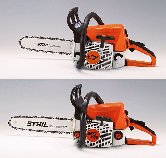 Platz 1: Oben die Original-Motorsäge „STIHL MS 250“ der Andreas Stihl AG & Co. KG, unten die Fälschung der Hangzhou Guley Garden Machinery Co., Ltd. aus China. Die Fälschung verletzt die Wortmarke „STIHL“ (hier: STHIL) sowie die in über 100 Ländern geschützte Farbmarke (orange/hellgrau). Guley ist laut Aktion Plagiarius einer der Top3-Fälscher von Stihl-Produkten in China mit Abnehmern vor allem in Südostasien, Afrika und Südamerika. Stihl hat bislang 8 Gerichtsverfahren gegen Guley gewonnen und insgesamt 170.000 Euro Schadenersatz erhalten. Gefälschte Motorsägen erfüllen in der Regel weder gesetzliche Vorschriften noch sicherheitsrelevante Parameter (Abgaswerte, Kettenbremszeiten, Materialfestigkeit und viele mehr). Stihl zieht konsequent Nachahmer aus aller Welt zur Rechenschaft, auch zum Schutz der Anwender vor Verletzungs-/ Gesundheitsrisiken. (Aktion Plagiarius e.V.)