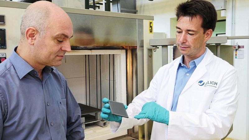 Prof. Wilhelm Albert Meulenberg (links) und Dr. Falk Schulze-Küppers (rechts) mit der neuen Gastrennmembran an deren Oberflächend die Katalysator-Schichten aufgebracht sind. (Forschungszentrum Jülich / T. Schlößer)