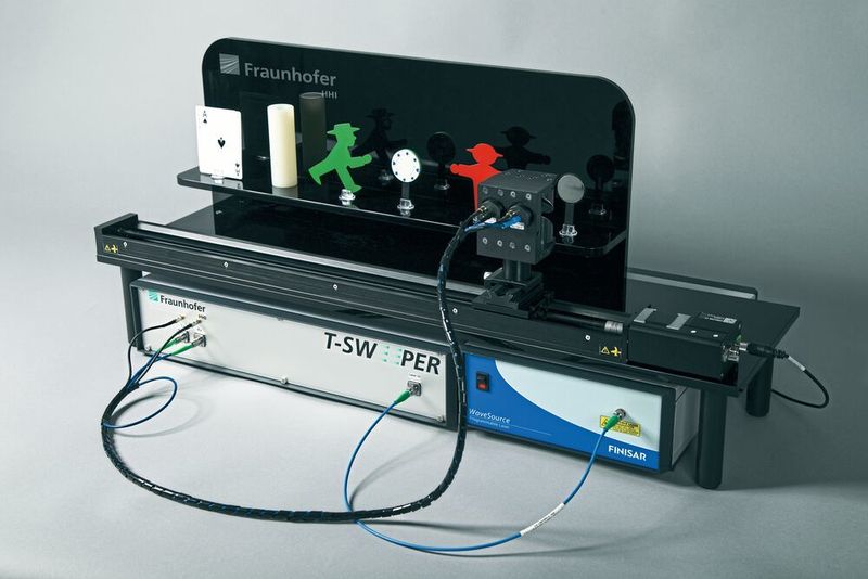 Terahertz gilt als Schlüsseltechnik für eine zerstörungsfreie Werkstoffprüfung. Fraunhofer-Forscher haben nun ein kosteneffizientes und kompaktes Messsystem entwickelt, das erstmals Dicken von Mehrschichtsystemen in Echtzeit bestimmt. (Fraunhofer-HHI)