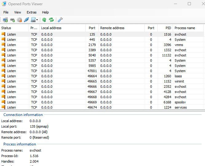 Open Ports Viewer zeigt offene Ports und die damit verknüpften Prozesse mit PID und Namen an. (Bild: Joos - Gaijin.at)