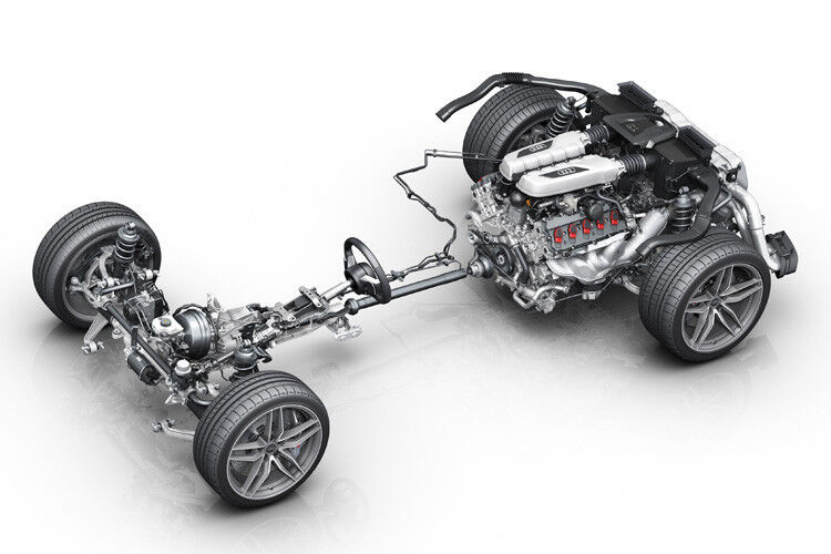 Hinter dem V10 sitzt eine schnell schaltende Siebengang S tronic, der Fahrer steuert sie elektrisch. Das Doppelkupplungsgetriebe leitet die Kräfte auf einen neu konzipierten quattro-Antrieb mit einer elektrohydraulisch betätigten und wassergekühlten Lamellenkupplung an der Vorderachse. Die Kupplung verteilt die Antriebsmomente vollvariabel – bis zu 100 Prozent können auf die Vorder- oder Hinterachse fließen. (Foto: Audi)