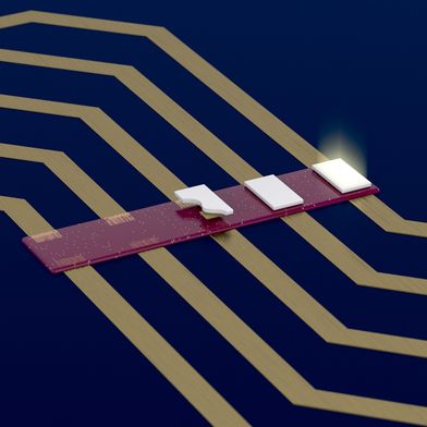 Schematische Darstellung des Integrationsprozesses von Mini-LEDs auf einer Leiterplatte: vor der Platzierung, nach der Platzierung und in Betrieb durch elektrische Anbindung mit Klebstoff. (Bild: Delo)