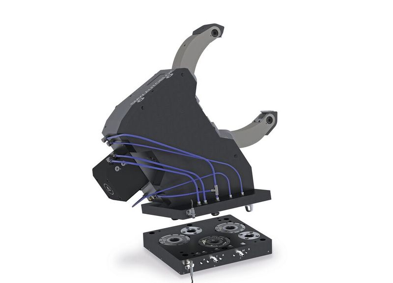 Wegmesssystem, Nullpunktspannsystem und induktives Koppelsystem realisieren den automatisierten Palettenschnellwechsel. (Bild: SMW-Autoblok / SMW-electronics)