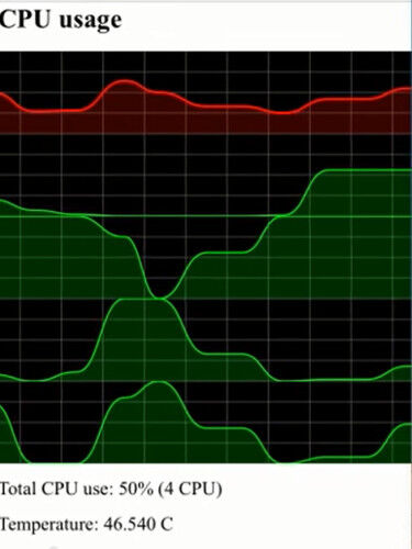 rCPU: Das Remote Monitoring Tool zeigt die Auslastung der CPU-Kerne des Raspberry Pi 2 B (Bild: David)