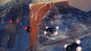 Ein elektrifizierter Katalysator zieht geladene Wasserstoffatome aus den Wassermolekülen in die andere Hälfte der Einheit, die durch eine Membran getrennt ist. (Bild: Meenesh Singh)