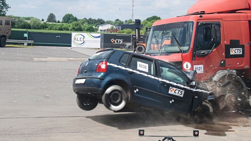 Eindrucksvolle Vorführung bei CTS: Crash eines 100 km/h schnellen Pkw auf einen stehenden Lkw – für die Pkw-Insassen war die Überlebenschance gleich Null.(Bild:  Wenz)