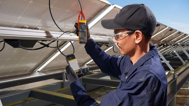 Platz 3: Fehlersuche an Photovoltaikanlagen: Mit der Strommesszange Fluke 393 FC können Techniker in Solarparks bis zu 1.500 V an Gleichstromanlagen messen. (Bild: Fluke)