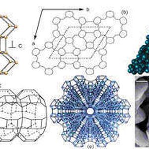 1 Zeolith L Struktur: a) Ausschnitt mit den möglichen Positionen der Kationen. b) Aufsicht senkrecht zur c-Achse. c) Aufsicht mit der van der Waals Darstellung. d) Seitenansicht des Kanals entlang der c-Achse. e) Die Projektion entlang der c-Achse zeigt die sieben Hauptkanäle. f) REM-Aufnahme von Zeolith L Kristallen [10].