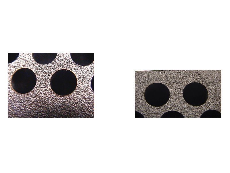 Ein sauberes Bohrloch stellt bei Verbundwerkstoffen eine besondere Herausforderung dar. Bei einem verschlissenen oder stumpfen Werkzeug können Bohrlöcher mit ausgefransten Kanten und Delamination entstehen. Rechts und links: akzeptable und nicht akzeptable Bohrlocheintritte. Bild: Onsrud Cutters (Archiv: Vogel Business Media)