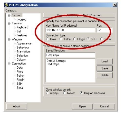 Red Pitaya: PuTTy SSH-Verbindungseinstellung (Bild: Red Pitaya)