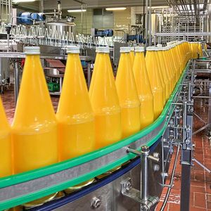 Die Lindauer Bodensee-Fruchtsäfte GmbH verarbeitet verschiedene Obstsorten. Frisch gekeltert werden die Säfte in Flaschen abgefüllt und über ein Förderband zur Pasteurisierungsanlage (Pasteur) gebracht, welche 1977 erbaut wurde. (Bild: SEW)