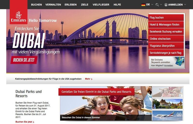 Die Website der Fluglinie Emirates ... (Emirates)