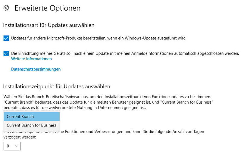 In der Einstellungs-App von Windows 10 lassen sich auch Anpassungen für Windows-Updates vornehmen. Diese stehen in den erweiterten Optionen zur Verfügung. (Joos / Microsoft)