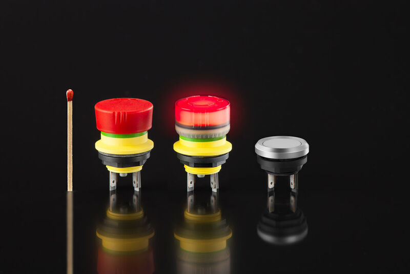 mYnitron - Aktiv leuchtende Not-Halt Taste und Drucktaster mit Einbaudurchmessern von 16,2 mm für noch kompaktere Bedienpanels. (Schlegel)