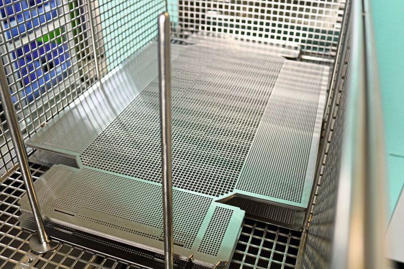 Großformatige, filigrane Edelstahlplatinen werden in großer Stückzahl für Chirurgiekörbe gefertigt. Sie müssen das Werk film- und partikelfrei, ohne Korrosion und absolut trocken verlassen. (Bild: Mafac)