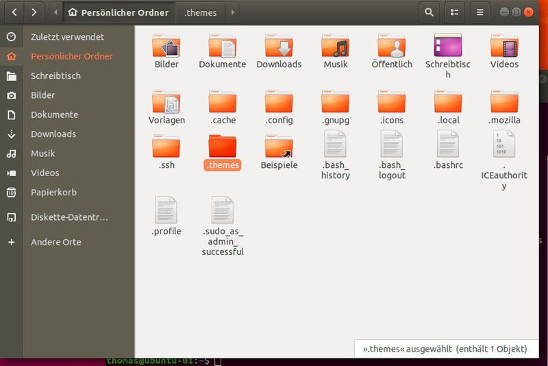 Die notwendigen Dateien für das Windows 10-Theme werden in das Home-Verzeichnis in eigene Unterordner kopiert. (Joos / Ubuntu / Gnome)