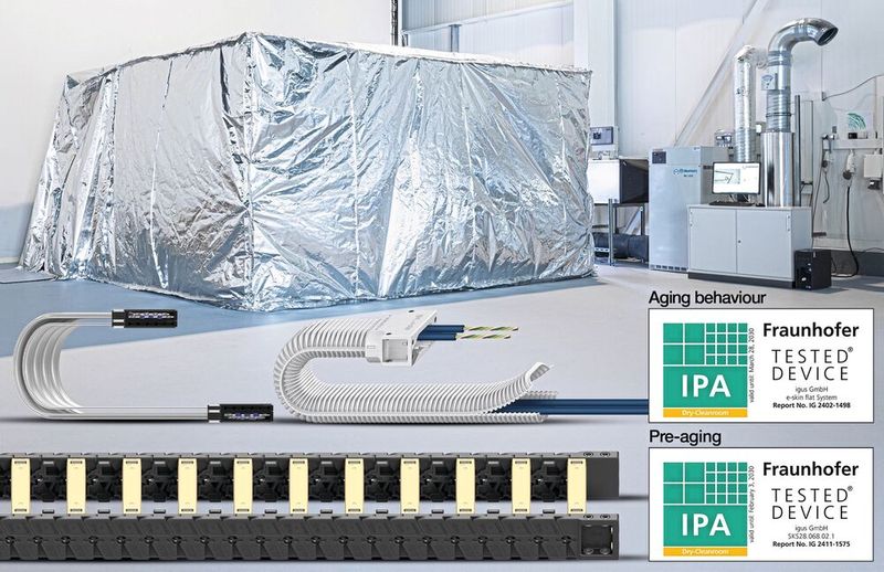 Die Igus E-Ketten haben ihre Tauglichkeit für den Trockenreinraum nun auch im Langzeittest bewiesen, und haben dafür zwei neuartige Zertifikate des Fraunhofer IPA erhalten.  (Bild: Igus SE & Co. KG)