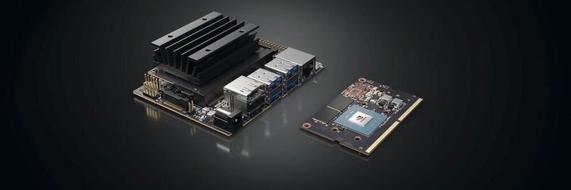 Jetson-Nano-Familie von Nvidia: KI-Entwicklerplatine samt Jetson-Nano-Modul und Kühlkörper (links) sowie das Jetson-Nano-Modul solo. (Bild:  Nvidia)
