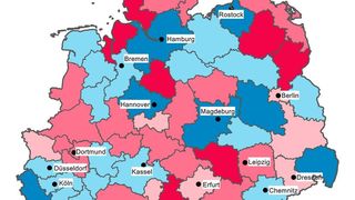 Psychologische Deutschlandkarte zum Merkmal Neurotizismus (rote Werte: hoch, blaue Werte: niedrig). (Obschonka, Wyrwich, Fritsch, Gosling, Rentfrow, Potter)