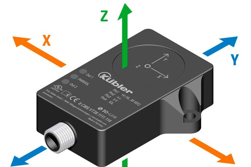 3-achsige Vibrationsmessung: Der CMSVT38 basiert auf moderner MEMS-Sensorik und erfasst zuverlässig Schwingungen in drei Achsen sowie Temperaturwerte.(Bild:  Kübler)