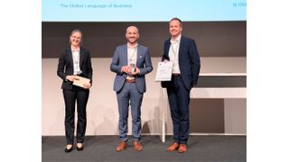 Bei der „Lean and Green Award 1st Star“-Preisvergabe von GS1 Germany an Geodis in Deutschland. Von links: Stefanie Müller (Junior Manager Logistik + Supply Chain Management GS1 Germany), Sascha Karsten  (Sales & Tender Manager I Market Line Transportation Geodis CL Germany) und Oliver Püthe (Lead Industrie Engagement GS1 Germany).  (Bild: EHI)