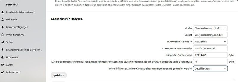 Anpassen des Virenschutzes in Nextcloud.  (Bild: Joos)