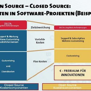 Open Source-Lösungen sind zwar oftmals deutlich günstiger als kommerzielle Lösungen, vor allem im Vergleich zu Lizenzen und Wartung, dennoch sollte man die Kosten für Implementierung, Customizing und Support nicht völlig außer Acht lassen.