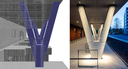 V-Stützen innerhalb der Tragwerkskonstruktion.  (Bild:  Modell links von Wörner Traxler Richter; Bild rechts: Frank Blümler)