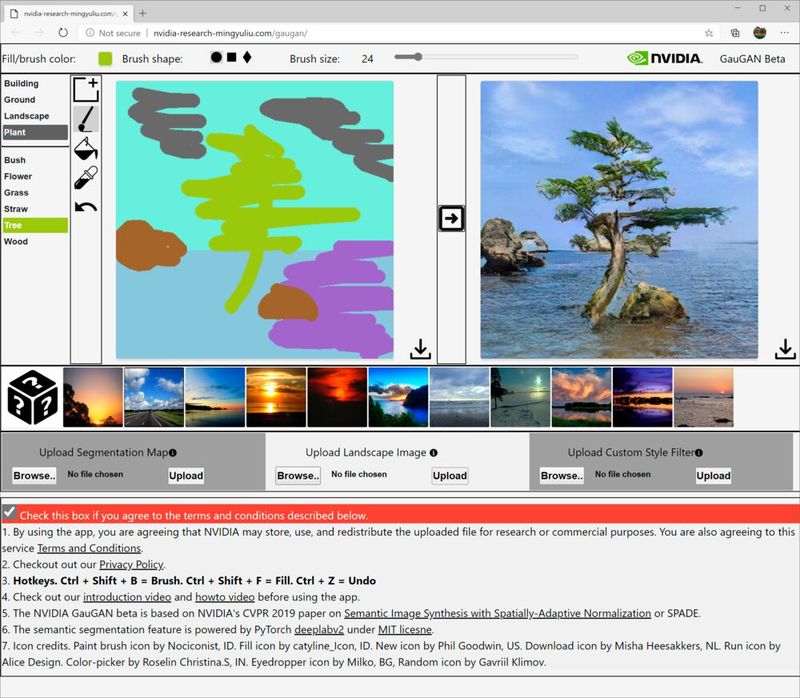 Dieser KI-Bildgenerator nutzt NVIDIAs generisches kontradiktorisches Netzwerk GauGAN, um Bildmaterial aus semantischen Anweisungen zu erzeugen. Links: die semantische Segmentierungskarte, rechts das Resultat.