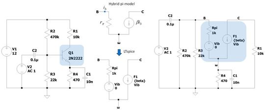 Figure 2: By replacing the transistor symbol with its invariant small-signal model, you can study the circuit in harmonic analysis.(Source:  Christophe Basso)