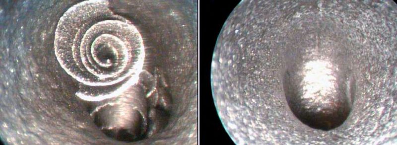 Bild 2: Erkaltet ein spiralförmiger Span, kann er sich aufdrehen und in der Bohrung verkeilen (links). Zum Entfernen des Spans ist Hochdruck-Wasserstrahltechnik erforderlich (rechts).  (Bild: Piller)