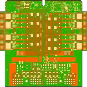 Bild 1: Kontur der Leiterplatte mit 195 mm x 152 mm für die Motorsteuerung. Rot dargestellt ist die Position der im Multilayer verpressten Kupferprofile für Entwärmung und Hochstrom.(Bild:  Häusermann)