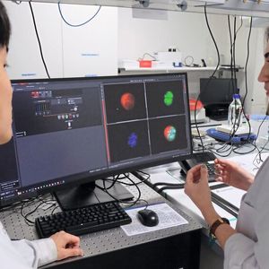 Die Forschenden Chen Wang und Nergishan Iyizan aus dem Microrobotic Bioengineering Lab an der Technischen Universität München (TUM) diskutieren den Entwicklungsstatus von Stammzellen.(Bild:  Andreas Schmitz / TUM)