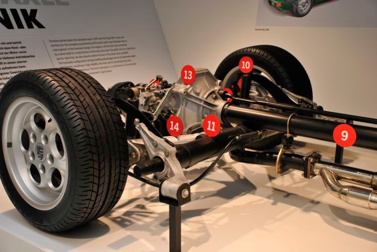 Zwischen den Hinterrädern sitzt das Getriebe, das über ein Rohr (Nummer 9) mit dem Motor verbunden ist. Darin rotiert die Antriebswelle. (Foto: Dominsky)