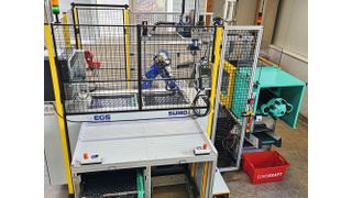 The overall system includes the palletizing system, the robot, and the transfer station. (Image:EGS Automation)