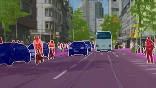 Rot für Menschen, Blau für Autos: Eine neue Methode erkennt mittels Künstlicher Intelligenz visuelle Szenen schneller und effektiver. (Abhinav Valada)