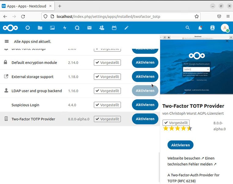 Einrichten der Zwei-Faktor-Authentifizierung in Nextcloud 26. (Bild: Joos - Nextcloud)