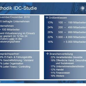 Abbildung 1: Zum Jahresende 2010 hat IDC 235 deutsche Unternehmen mit mehr als 100 Mitarbeitern befragt, die eine Client-Virtualisierung umgesetzt, geplant oder evaluiert haben. 202 von ihnen verfügen – zumindest in Teilbereichen – bereits über virtualisiertes Client-Computing. (Archiv: Vogel Business Media)