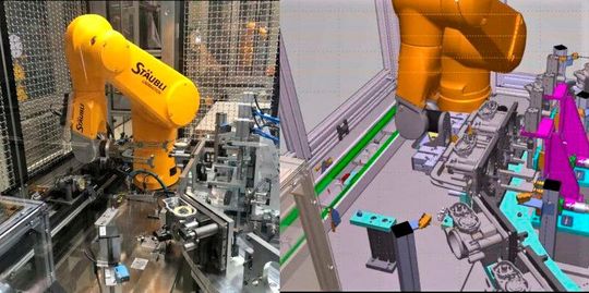 Echt und digital nebeneinander. Der sogenannte digitale Zwilling wird immer wichtiger. Deshalb arbeiten die Smartfactory KL und die IDTA jetzt zusammen. Worum es genau geht, erfährt man am 1. Juni auf der Hannover Messe um genau 12:00 Uhr (Halle 8), wenn das Vorhaben offiziell beginnt.(Bild:  Stäubli)