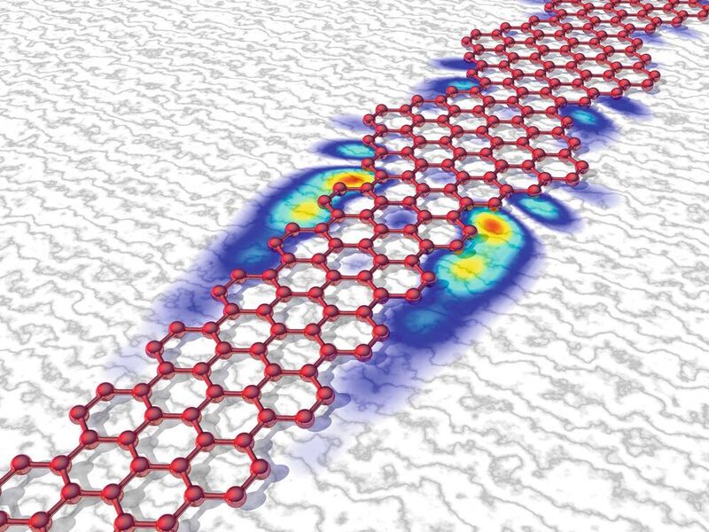 Wenn Graphen-Nanobänder Sektionen verschiedener Breite enthalten, so können in den Übergangszonen sehr robuste neue Quantenzustände entstehen. (Empa)