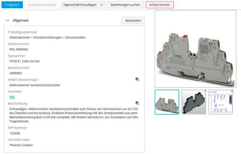 In eStock freigegeben enthält ein Artikel sowohl alle notwendigen Eigenschaften wie Artikelnummer, Artikelbezeichnung und ERP-Nummer als auch die Eplan-Makros, Dokumente und Bilder. (Bild: Eplan)