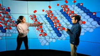 Assistant Professor Siddharth Deshpande and PhD student Snehitha Srirangam use data visualizations to reveal what happens on an atomic level when catalysts convert shale gas into polypropylene. The new algorithms they developed could lead to more efficient ways to create everyday products. (Source: J. Adam Fenster / University of Rochester)